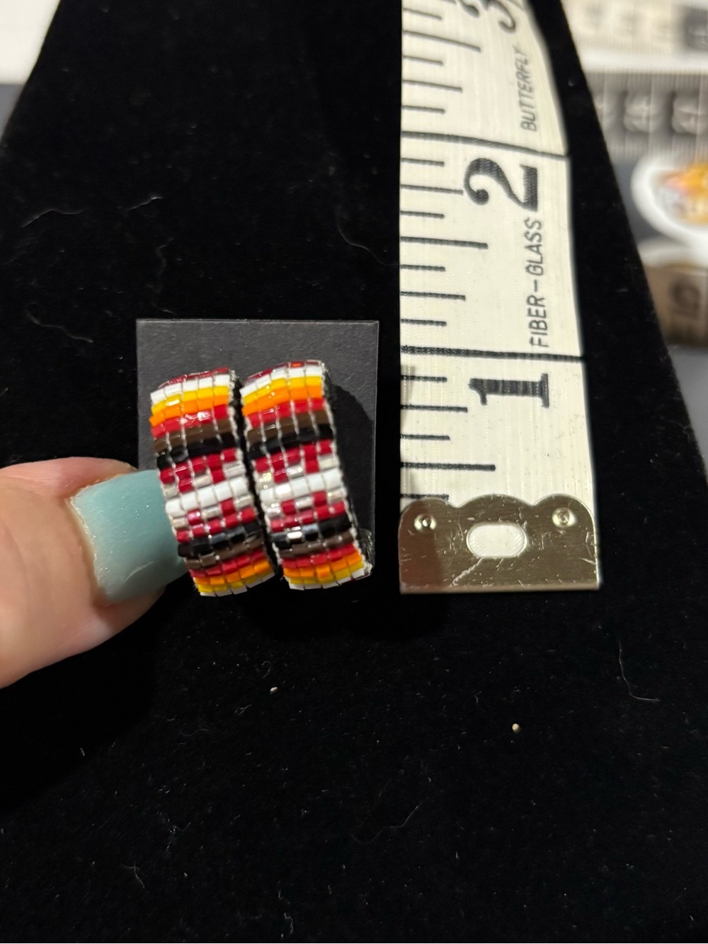 Colorful Seed Bead Hoop Earrings - Red, Yellow, White, Black - Picture 2 of 3